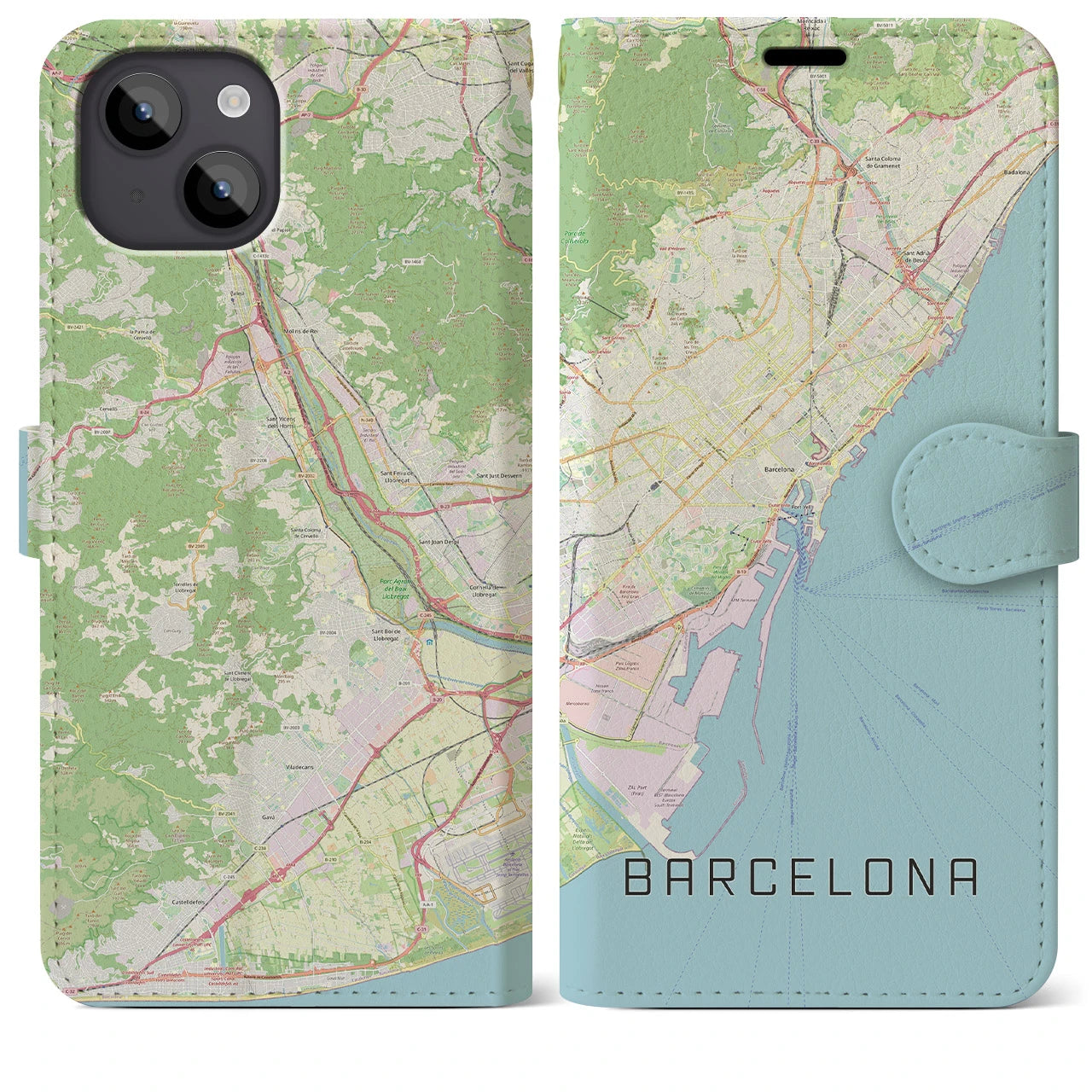 【バルセロナ】地図柄iPhoneケース（手帳両面タイプ・ナチュラル）iPhone 14 Plus 用