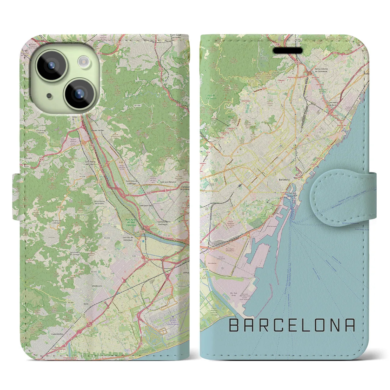 【バルセロナ】地図柄iPhoneケース（手帳両面タイプ・ナチュラル）iPhone 15 用