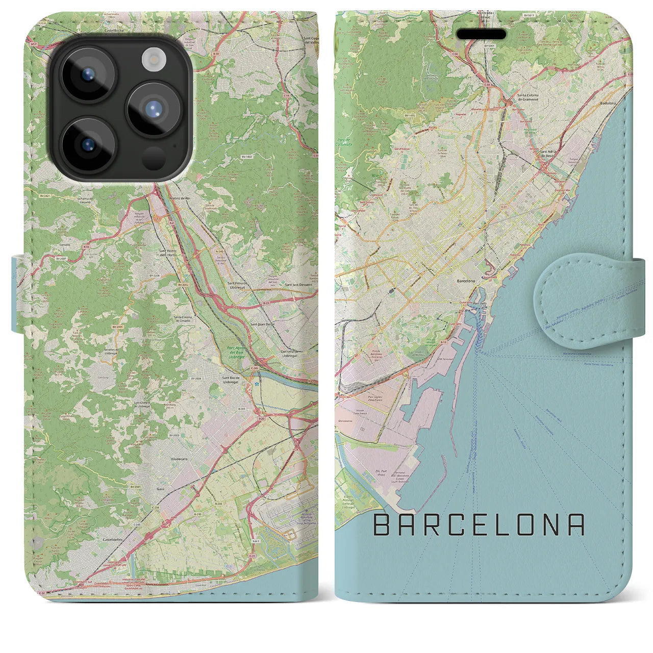 【バルセロナ】地図柄iPhoneケース（手帳両面タイプ・ナチュラル）iPhone 15 Pro Max 用