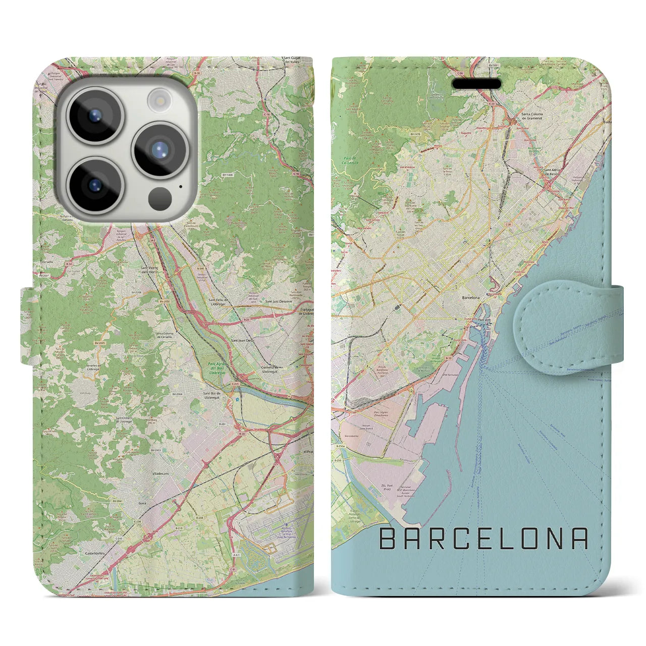【バルセロナ】地図柄iPhoneケース（手帳両面タイプ・ナチュラル）iPhone 15 Pro 用