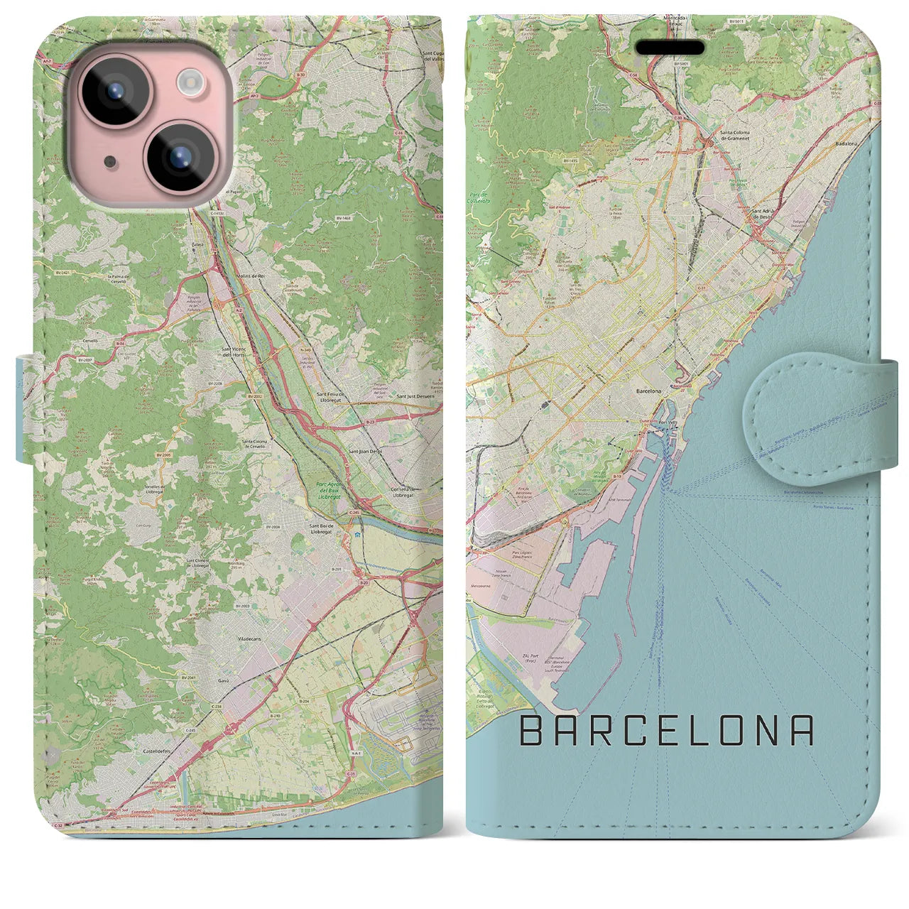 【バルセロナ】地図柄iPhoneケース（手帳両面タイプ・ナチュラル）iPhone 15 Plus 用