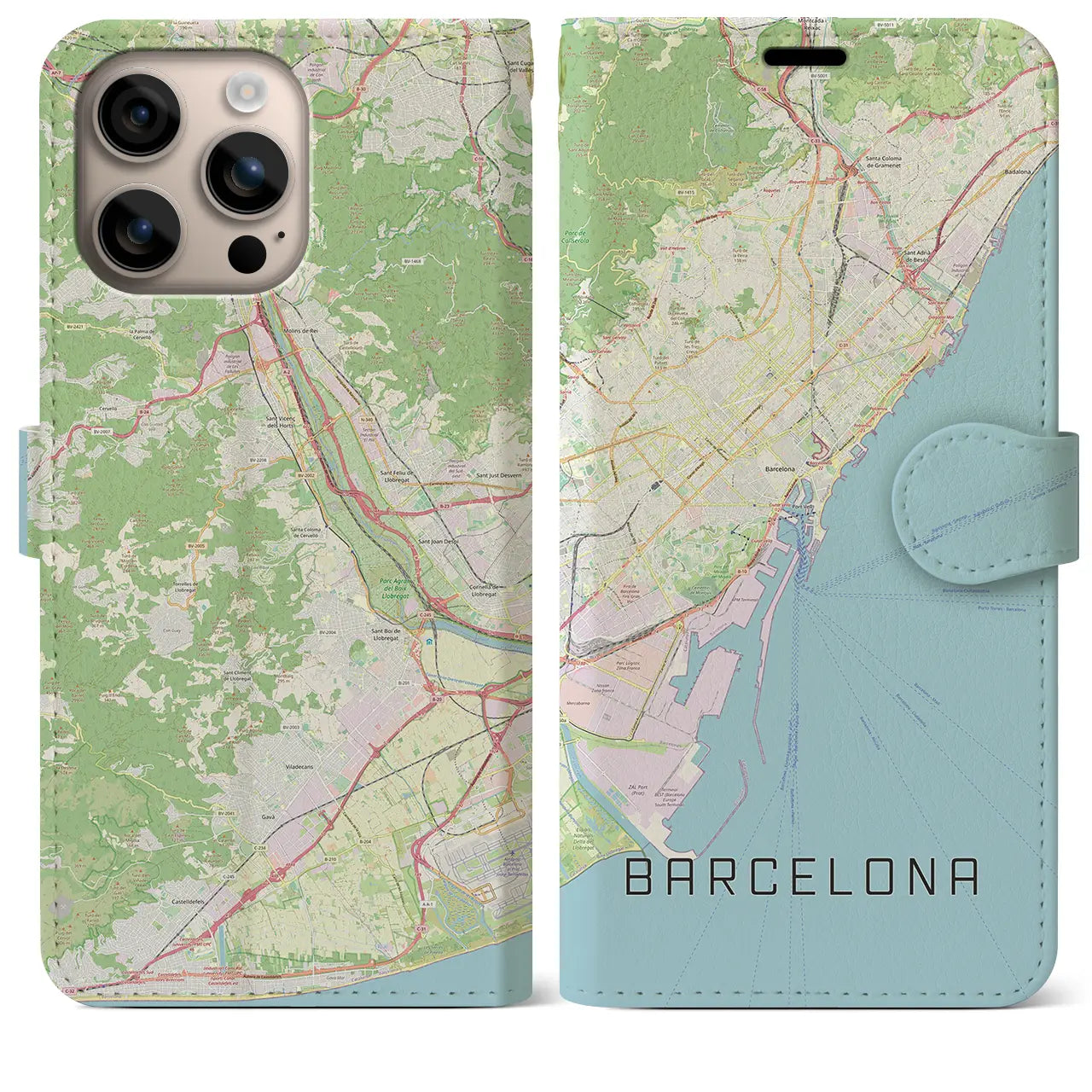 【バルセロナ（スペイン）】地図柄iPhoneケース（手帳タイプ）ナチュラル・iPhone 16 Plus 用