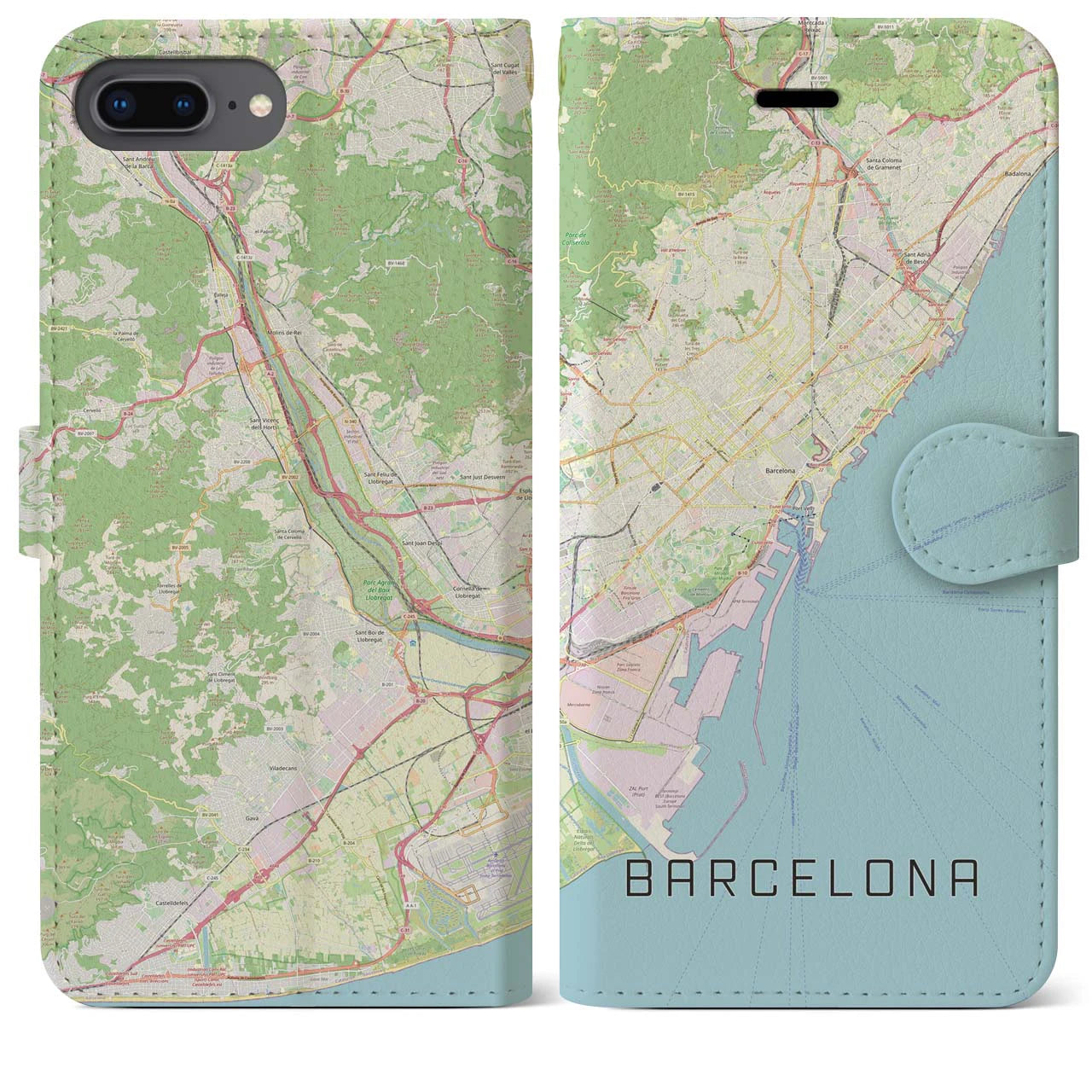 【バルセロナ】地図柄iPhoneケース（手帳両面タイプ・ナチュラル）iPhone 8Plus /7Plus / 6sPlus / 6Plus 用