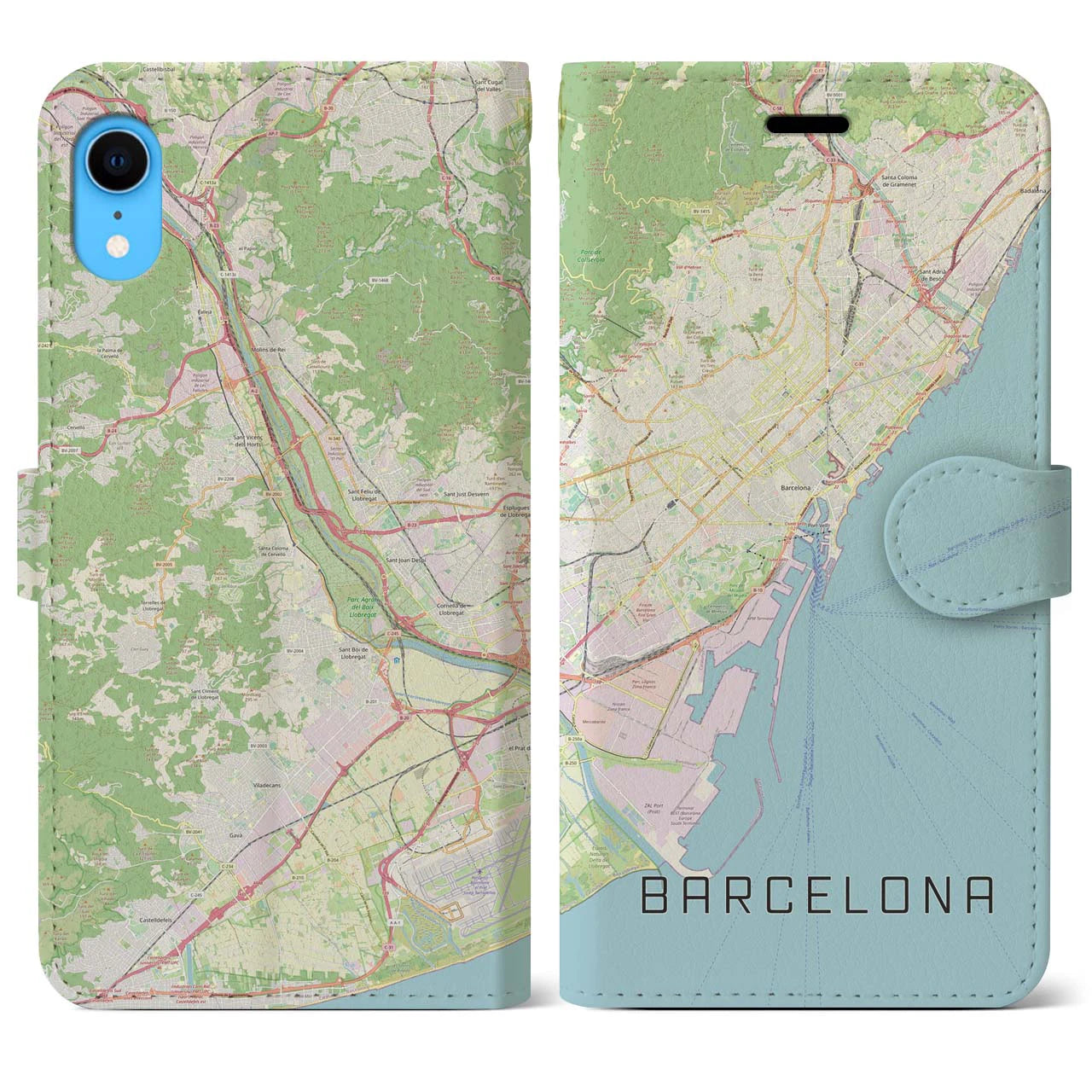 【バルセロナ】地図柄iPhoneケース（手帳両面タイプ・ナチュラル）iPhone XR 用