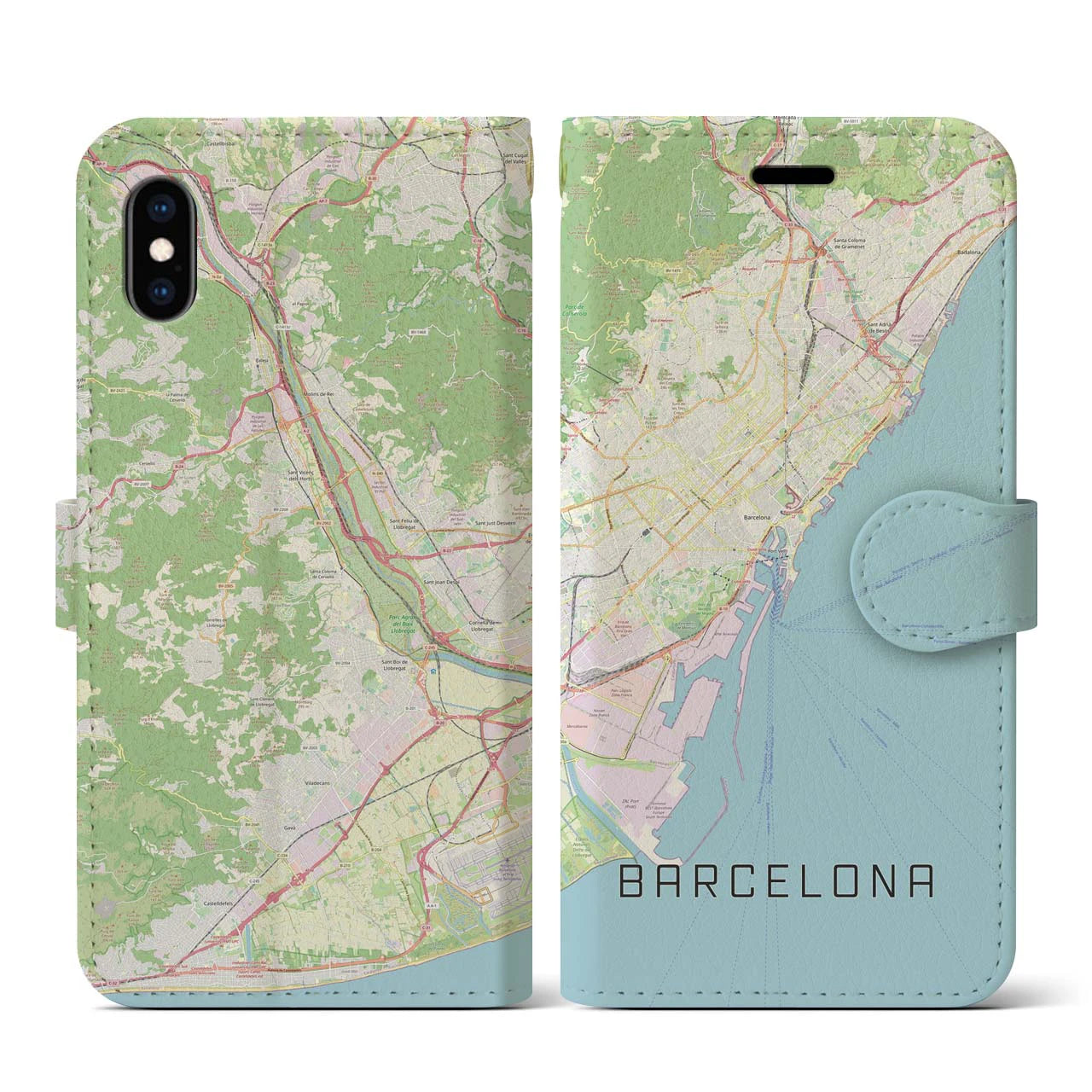 【バルセロナ】地図柄iPhoneケース（手帳両面タイプ・ナチュラル）iPhone XS / X 用