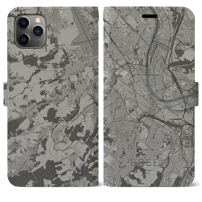 【バーゼル（スイス）】地図柄iPhoneケース（手帳タイプ）モノトーン・iPhone 11 Pro Max 用