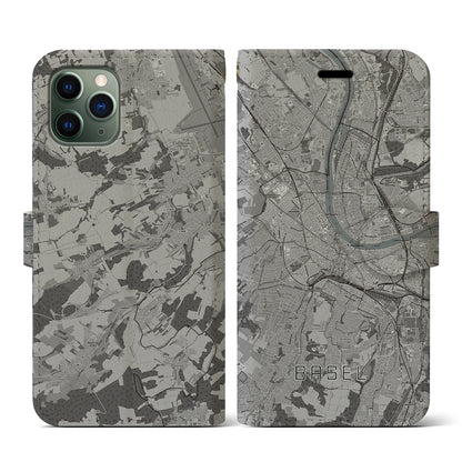 【バーゼル（スイス）】地図柄iPhoneケース（手帳タイプ）モノトーン・iPhone 11 Pro 用