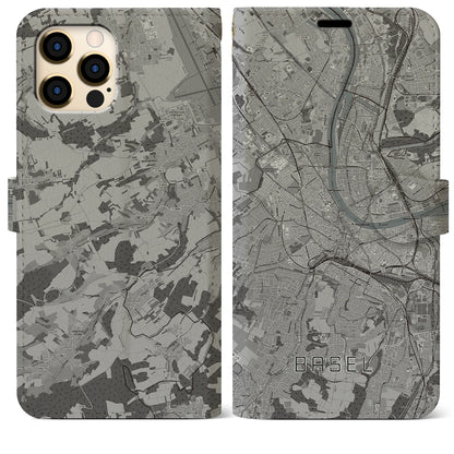 【バーゼル（スイス）】地図柄iPhoneケース（手帳タイプ）モノトーン・iPhone 12 Pro Max 用