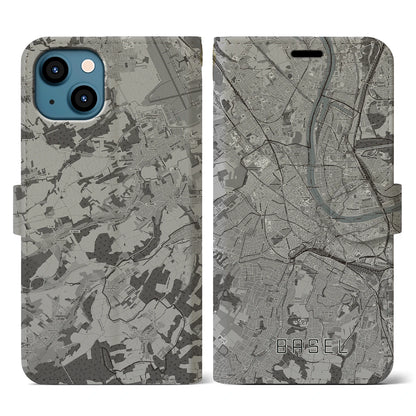 【バーゼル（スイス）】地図柄iPhoneケース（手帳タイプ）モノトーン・iPhone 13 用