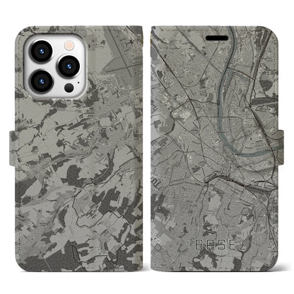 【バーゼル（スイス）】地図柄iPhoneケース（手帳タイプ）モノトーン・iPhone 13 Pro 用