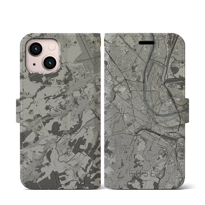 【バーゼル（スイス）】地図柄iPhoneケース（手帳タイプ）モノトーン・iPhone 13 mini 用