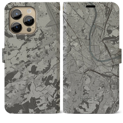【バーゼル（スイス）】地図柄iPhoneケース（手帳タイプ）モノトーン・iPhone 14 Pro Max 用