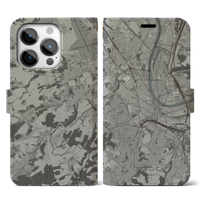 【バーゼル（スイス）】地図柄iPhoneケース（手帳タイプ）モノトーン・iPhone 14 Pro 用