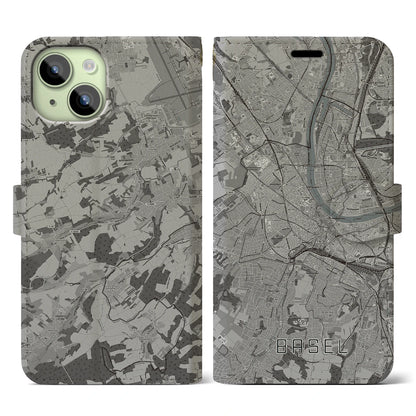 【バーゼル（スイス）】地図柄iPhoneケース（手帳タイプ）モノトーン・iPhone 15 用