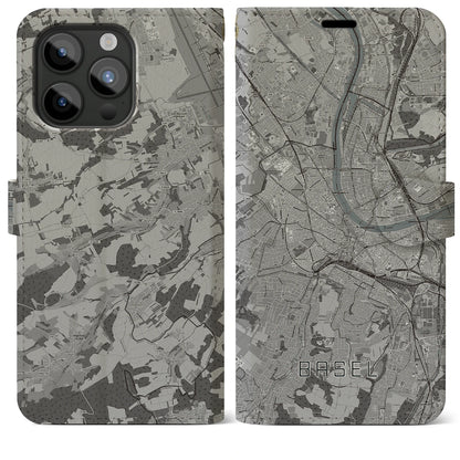 【バーゼル（スイス）】地図柄iPhoneケース（手帳タイプ）モノトーン・iPhone 15 Pro Max 用