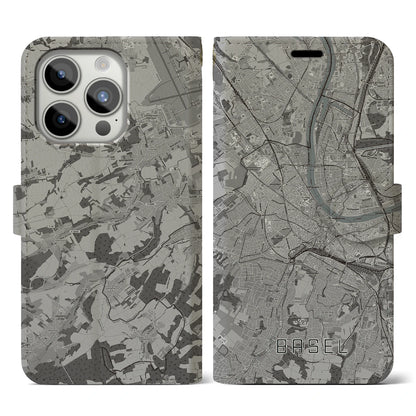 【バーゼル（スイス）】地図柄iPhoneケース（手帳タイプ）モノトーン・iPhone 15 Pro 用