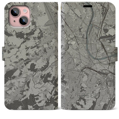 【バーゼル（スイス）】地図柄iPhoneケース（手帳タイプ）モノトーン・iPhone 15 Plus 用