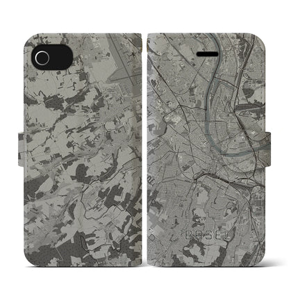 【バーゼル（スイス）】地図柄iPhoneケース（手帳タイプ）モノトーン・iPhone SE（第3 / 第2世代） / 8 / 7 / 6s / 6 用