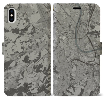 【バーゼル（スイス）】地図柄iPhoneケース（手帳タイプ）モノトーン・iPhone XS Max 用