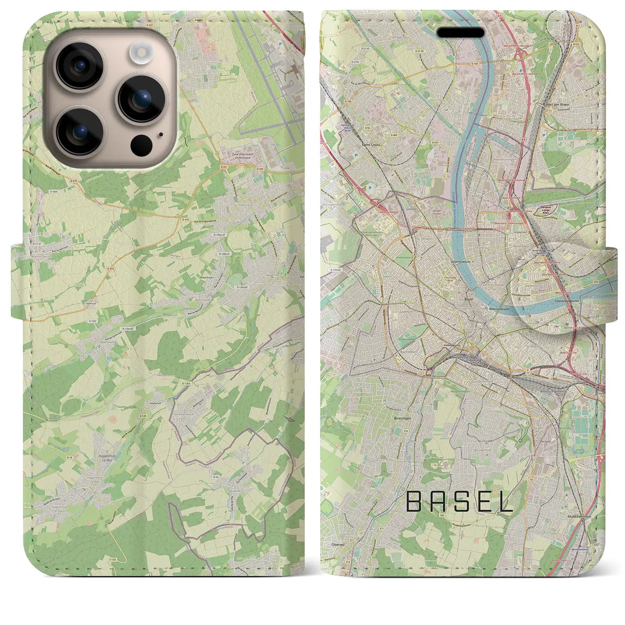 【バーゼル（スイス）】地図柄iPhoneケース（手帳タイプ）ナチュラル・iPhone 16 Plus 用