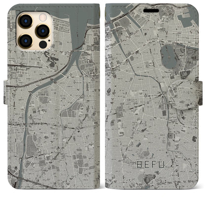 【別府（福岡県）】地図柄iPhoneケース（手帳タイプ）モノトーン・iPhone 12 Pro Max 用