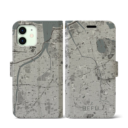 【別府（福岡県）】地図柄iPhoneケース（手帳タイプ）モノトーン・iPhone 12 mini 用