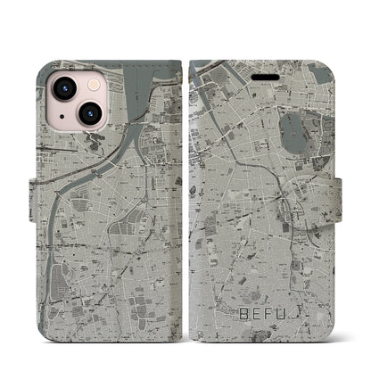 【別府（福岡県）】地図柄iPhoneケース（手帳タイプ）モノトーン・iPhone 13 mini 用