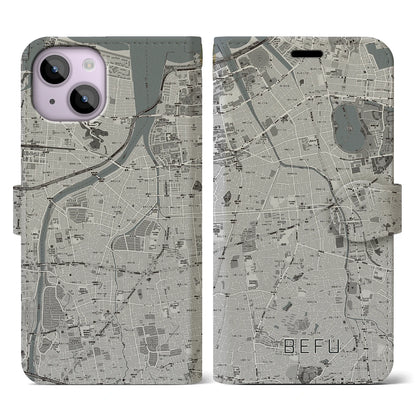 【別府（福岡県）】地図柄iPhoneケース（手帳タイプ）モノトーン・iPhone 14 用