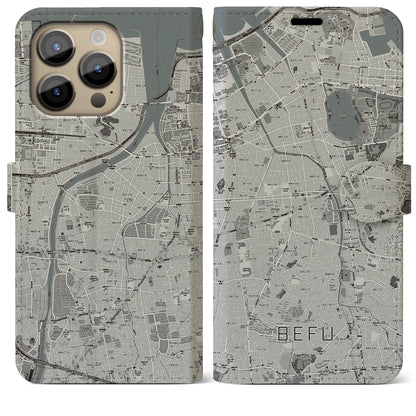 【別府（福岡県）】地図柄iPhoneケース（手帳タイプ）モノトーン・iPhone 14 Pro Max 用