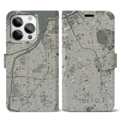 【別府（福岡県）】地図柄iPhoneケース（手帳タイプ）モノトーン・iPhone 14 Pro 用