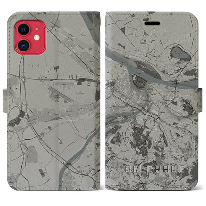 【ベオグラード（セルビア）】地図柄iPhoneケース（手帳タイプ）モノトーン・iPhone 11 用