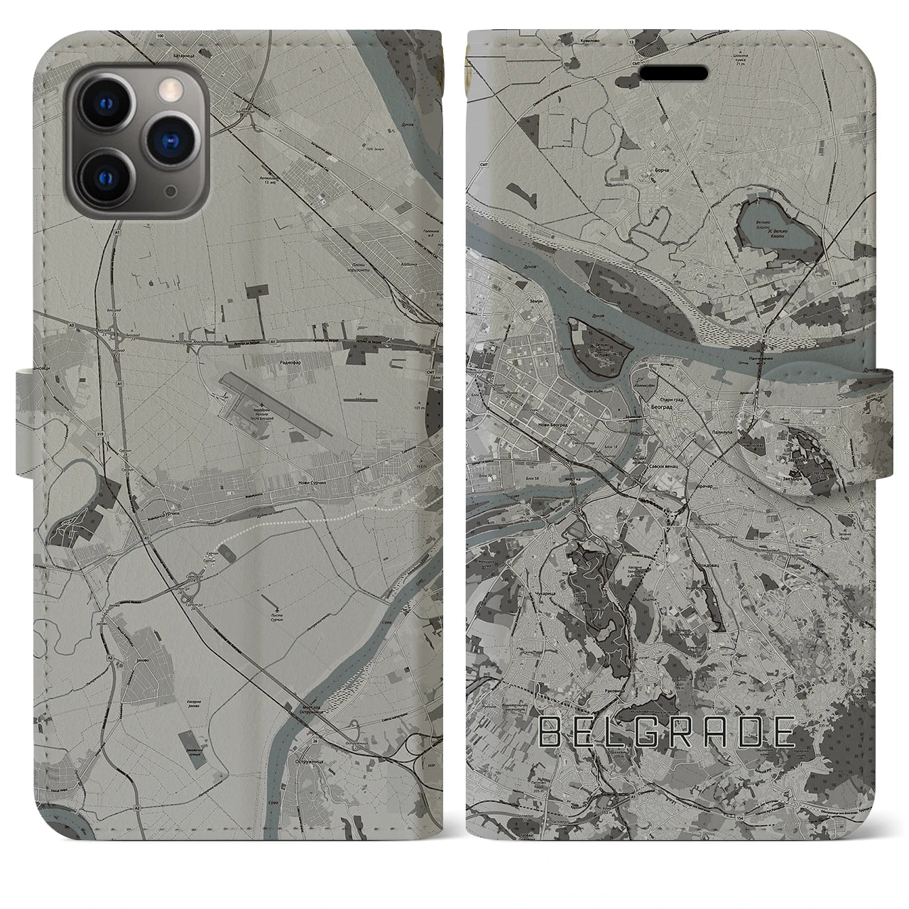 【ベオグラード】地図柄iPhoneケース（手帳両面タイプ・モノトーン）iPhone 11 Pro Max 用