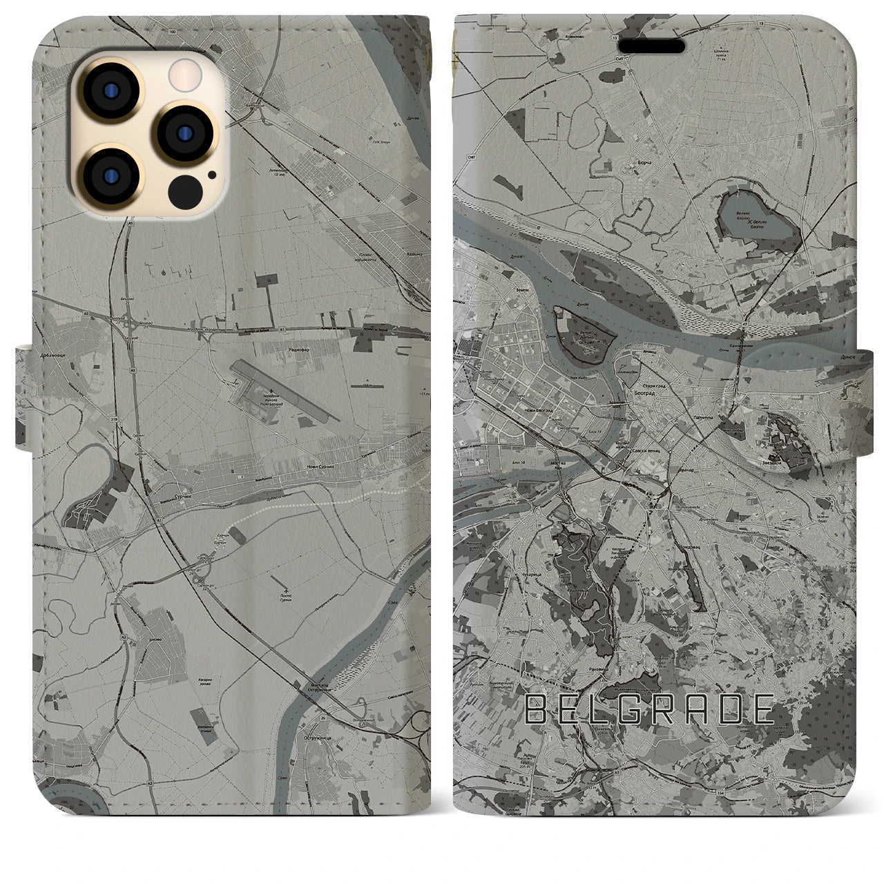【ベオグラード】地図柄iPhoneケース（手帳両面タイプ・モノトーン）iPhone 12 Pro Max 用