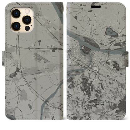 【ベオグラード（セルビア）】地図柄iPhoneケース（手帳タイプ）モノトーン・iPhone 12 Pro Max 用