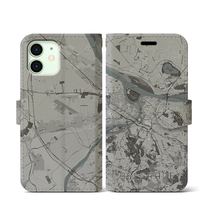 【ベオグラード（セルビア）】地図柄iPhoneケース（手帳タイプ）モノトーン・iPhone 12 mini 用