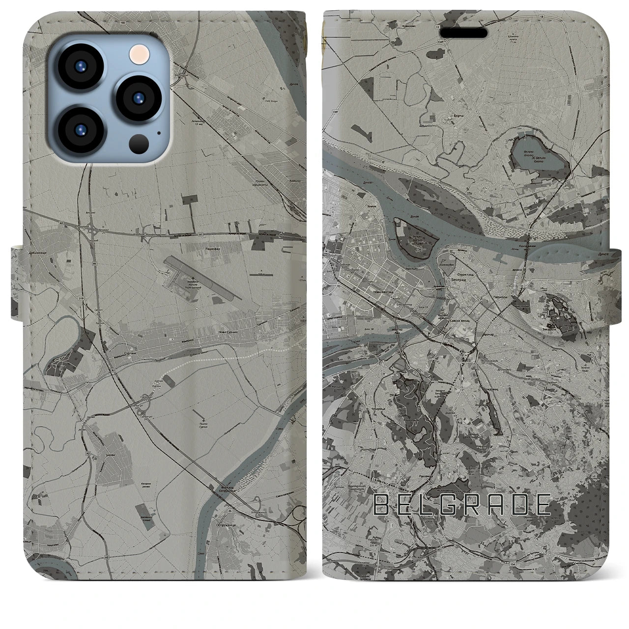 【ベオグラード】地図柄iPhoneケース（手帳両面タイプ・モノトーン）iPhone 13 Pro Max 用