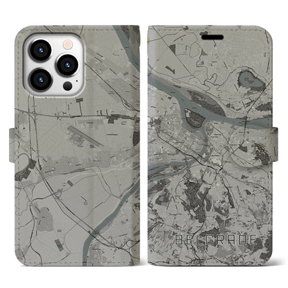 【ベオグラード（セルビア）】地図柄iPhoneケース（手帳タイプ）モノトーン・iPhone 13 Pro 用