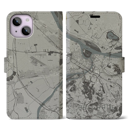 【ベオグラード（セルビア）】地図柄iPhoneケース（手帳タイプ）モノトーン・iPhone 14 用