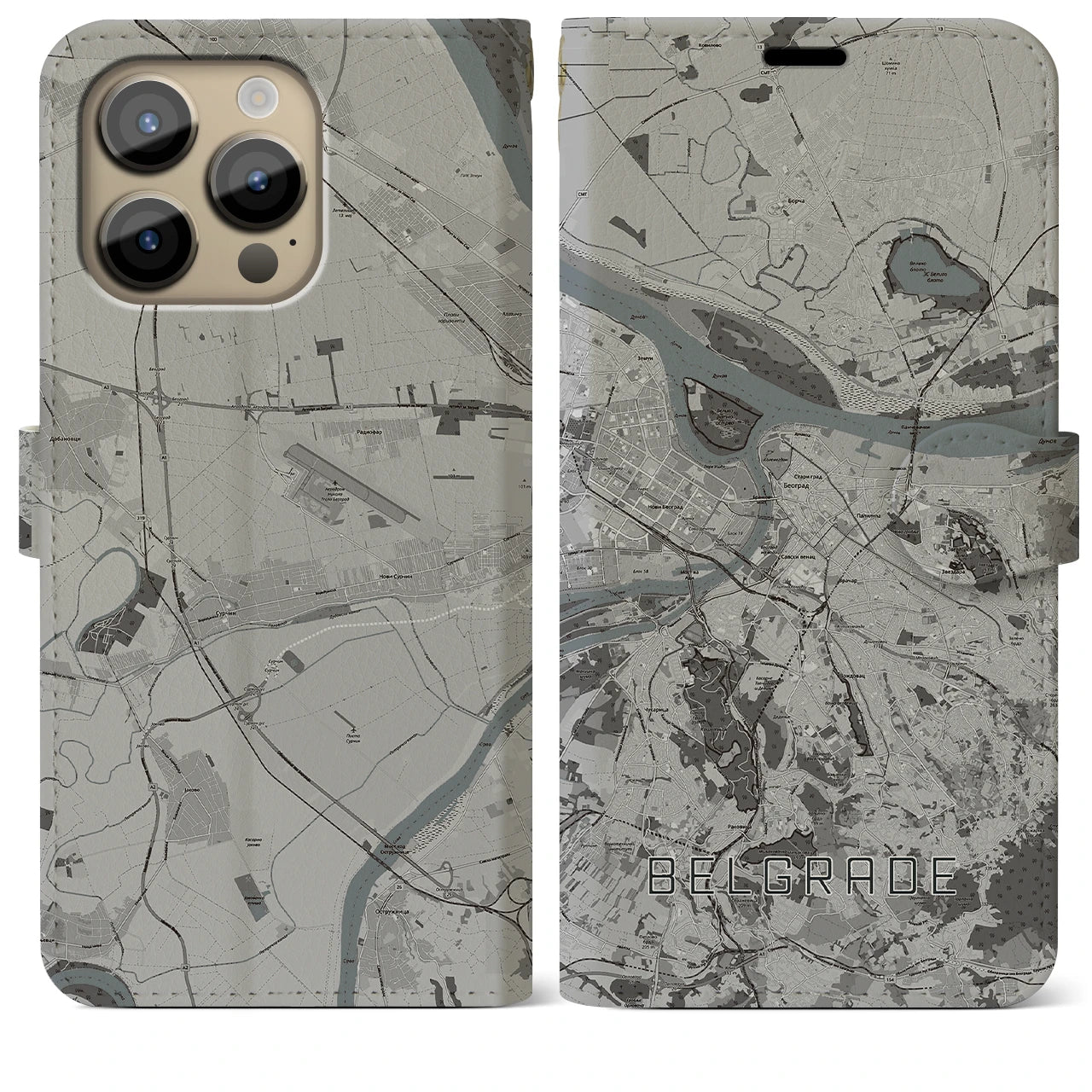 【ベオグラード】地図柄iPhoneケース（手帳両面タイプ・モノトーン）iPhone 14 Pro Max 用