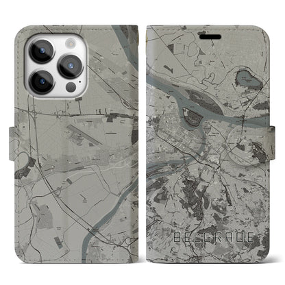 【ベオグラード（セルビア）】地図柄iPhoneケース（手帳タイプ）モノトーン・iPhone 14 Pro 用