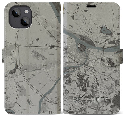 【ベオグラード（セルビア）】地図柄iPhoneケース（手帳タイプ）モノトーン・iPhone 14 Plus 用