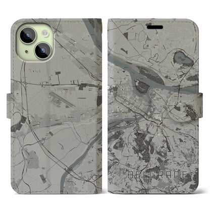 【ベオグラード（セルビア）】地図柄iPhoneケース（手帳タイプ）モノトーン・iPhone 15 用