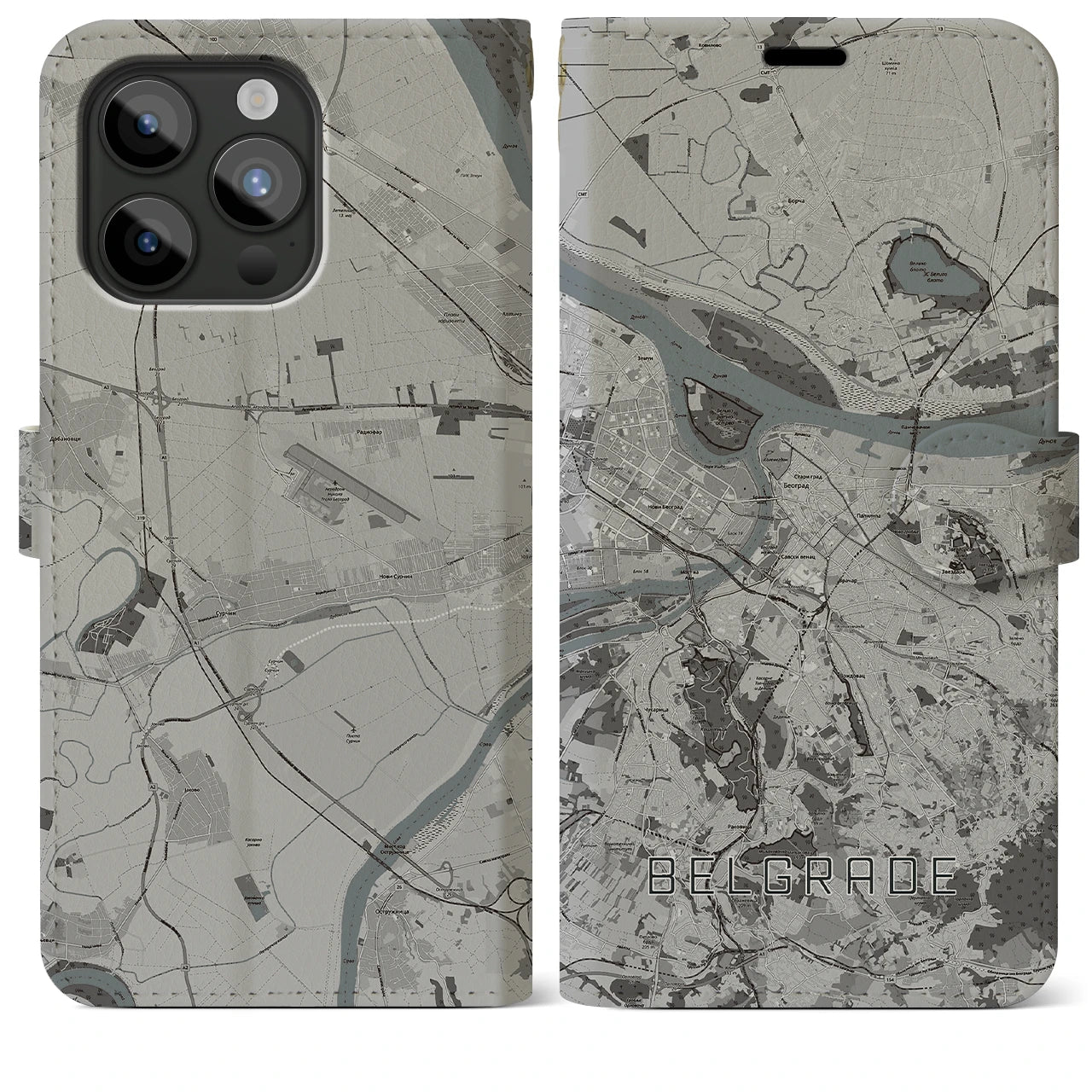 【ベオグラード】地図柄iPhoneケース（手帳両面タイプ・モノトーン）iPhone 15 Pro Max 用