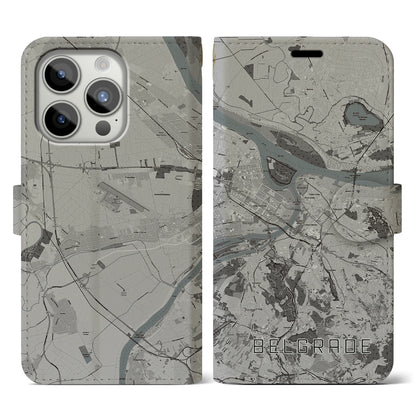 【ベオグラード（セルビア）】地図柄iPhoneケース（手帳タイプ）モノトーン・iPhone 15 Pro 用