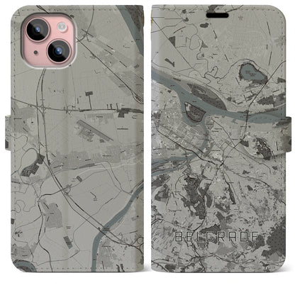 【ベオグラード（セルビア）】地図柄iPhoneケース（手帳タイプ）モノトーン・iPhone 15 Plus 用