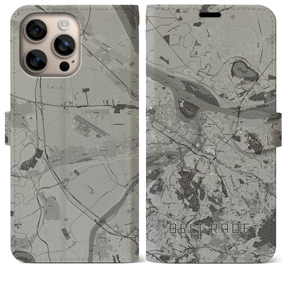 【ベオグラード（セルビア）】地図柄iPhoneケース（手帳タイプ）モノトーン・iPhone 16 Plus 用