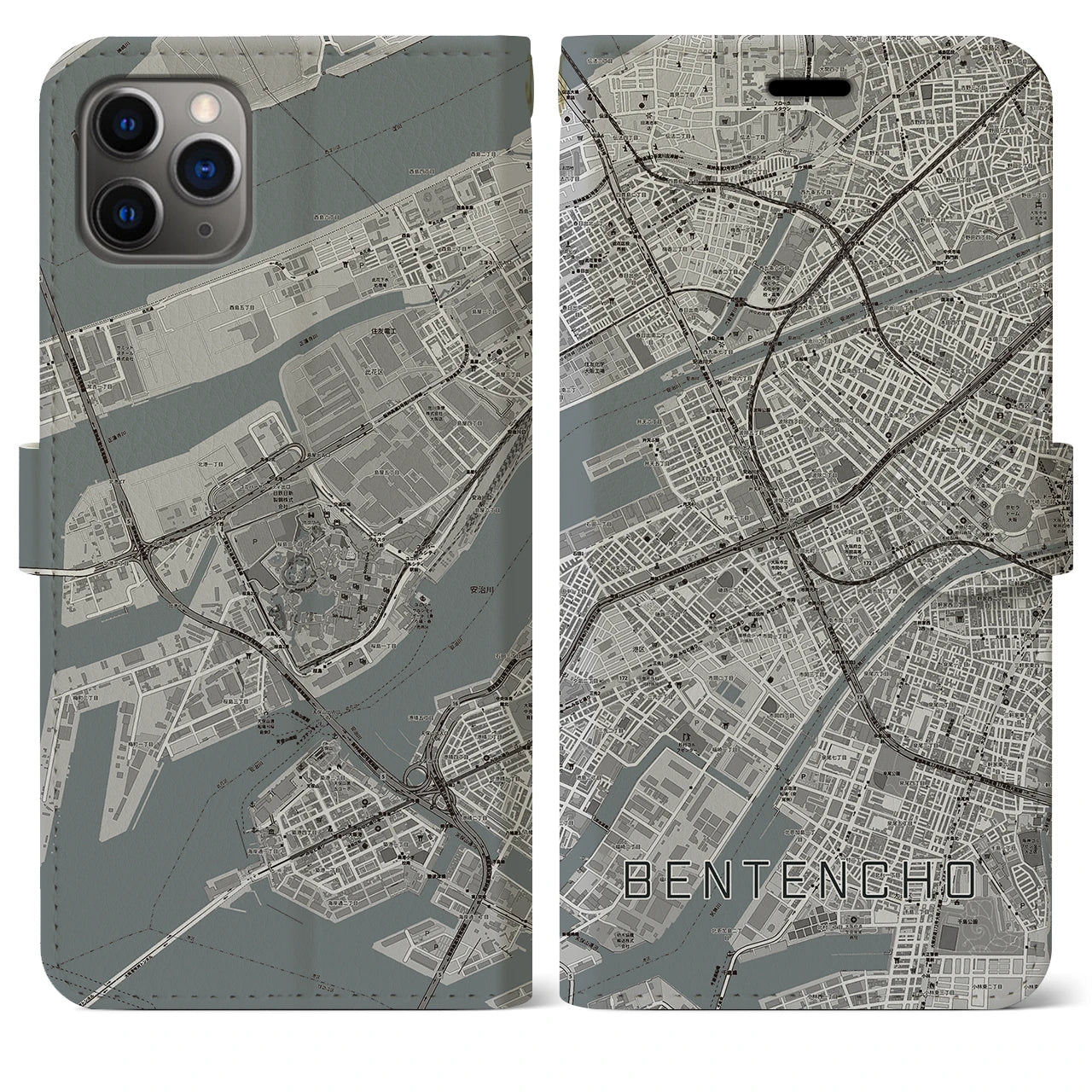 【弁天町】地図柄iPhoneケース（手帳両面タイプ・モノトーン）iPhone 11 Pro Max 用
