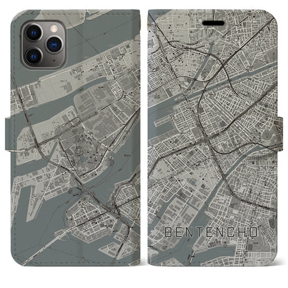 【弁天町（大阪府）】地図柄iPhoneケース（手帳タイプ）モノトーン・iPhone 11 Pro Max 用