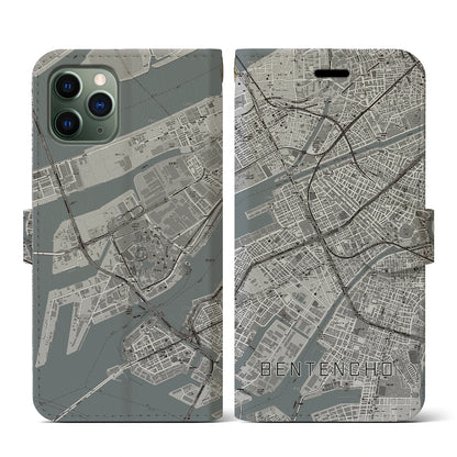 【弁天町（大阪府）】地図柄iPhoneケース（手帳タイプ）モノトーン・iPhone 11 Pro 用