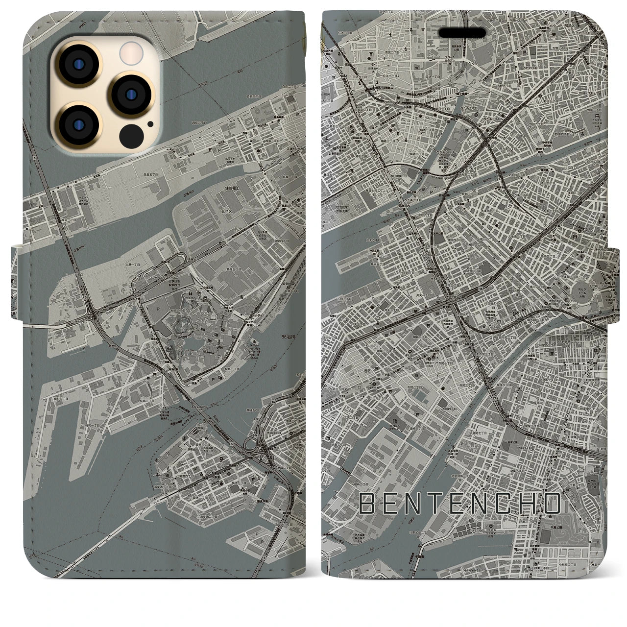 【弁天町】地図柄iPhoneケース（手帳両面タイプ・モノトーン）iPhone 12 Pro Max 用